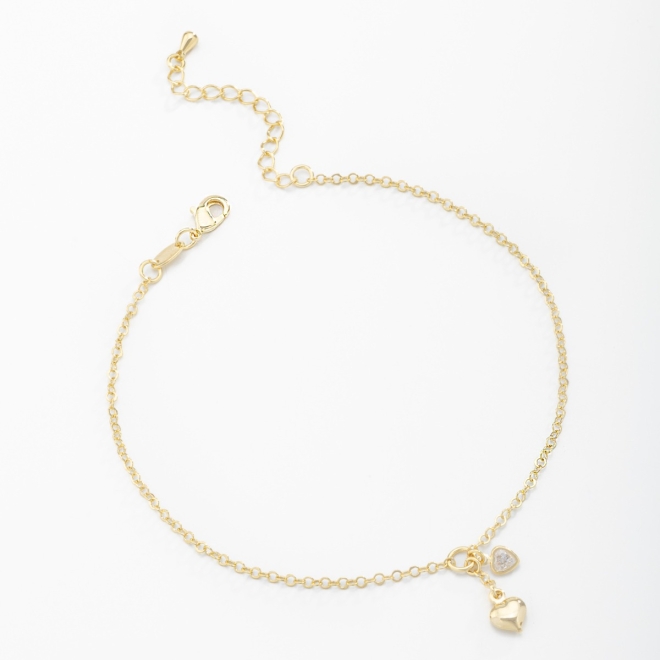 TN-00102 TORNOZELEIRA COM PINGENTES DE CORAÇÃO E ZIRCÔNIA LAPIDADA