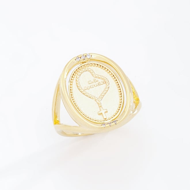 AN-00293 ANEL BANHADO A OURO 18K COM DESIGN DUPLA FACE DE N. S. APARECIDA E TERÇO