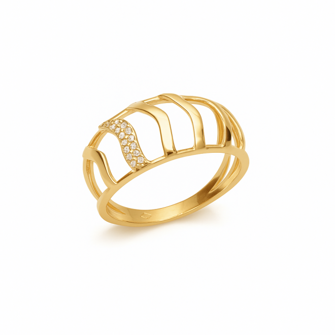 AN-00605 ANEL BANHADO A OURO 18K COM DESIGN VAZADO E LINHAS MODERNAS