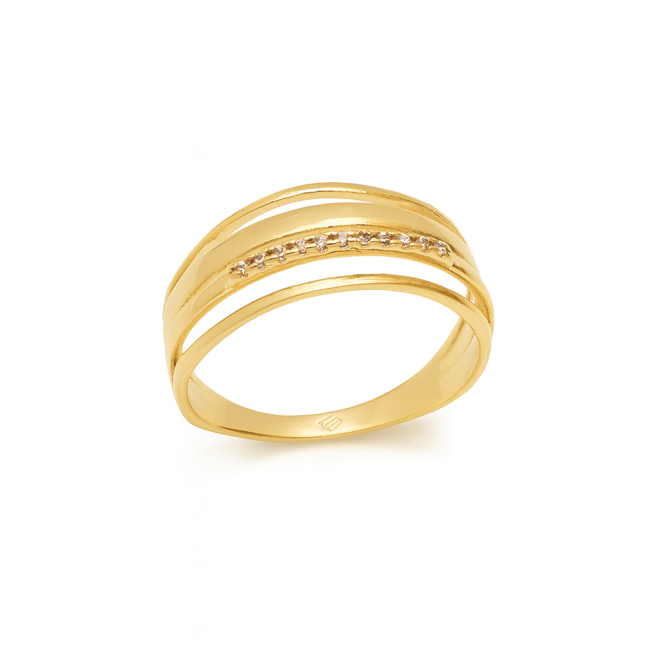 AN-00619 ANEL BANHADO A OURO 18K COM DESIGN MODERNO DE LINHAS SOBREPOSTAS