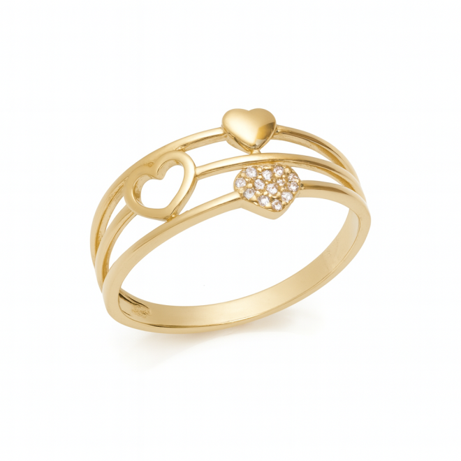 AN-00707 ANEL BANHADO A OURO 18K COM DESIGN DE TRÊS AROS E CORAÇÕES DELICADOS