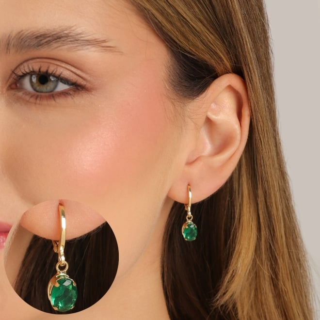 AQ-00019 BRINCO ARGOLA CLICK BANHADO A OURO 18K COM PINGENTE DE PEDRA OVAL