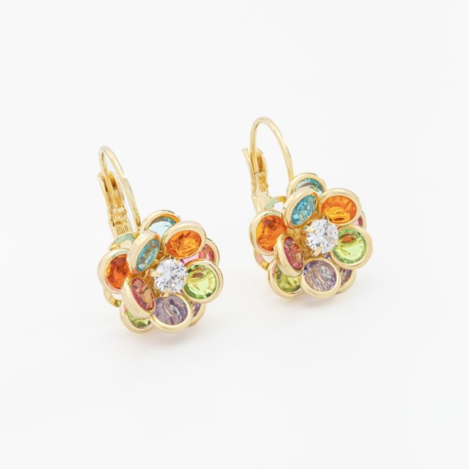 AQ-00046 BRINCO ARGOLA FLOR DE ZIRCONIAS COLORIDAS ARREDONDADAS