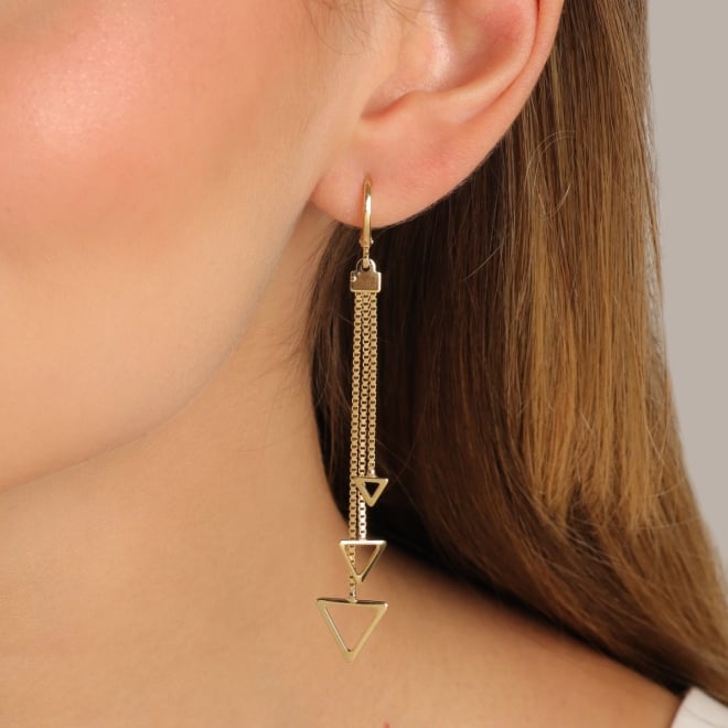 AQ-00058 -BRINCO BANHADO A OURO 18K DE ARGOLA COM CORRENTES PENDENTES GEOMÉTRICOS