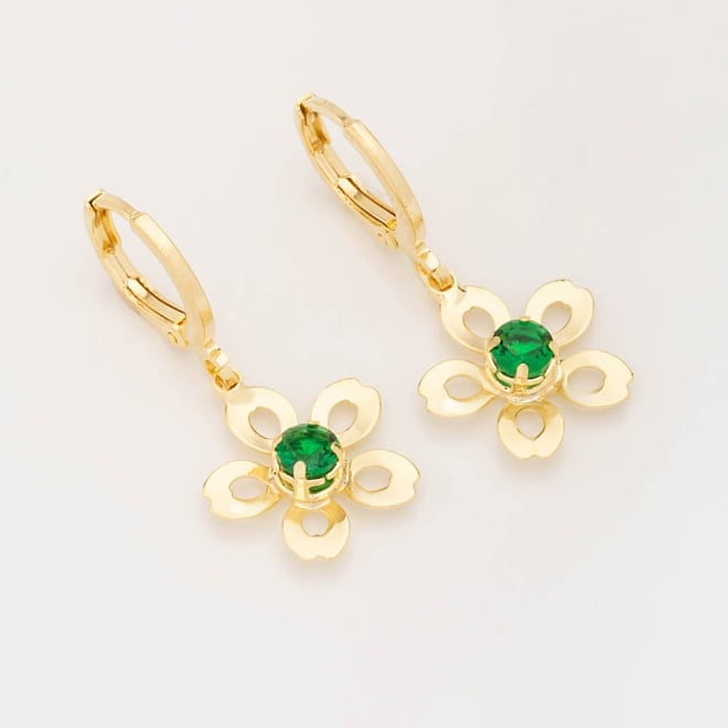 AQ-00214 BRINCO ARGOLA BANHADO A OURO 18K COM PINGENTE EM FORMATO DE FLOR E ZIRCÔNIA