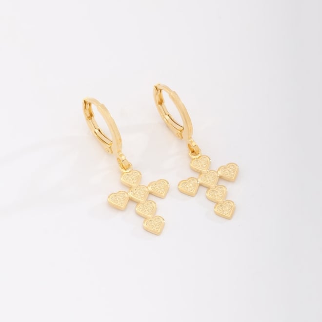 AQ-00217 BRINCO ARGOLA CLICK BANHADO A OURO 18K COM PINGENTE EM FORMATO DE CRUZ
