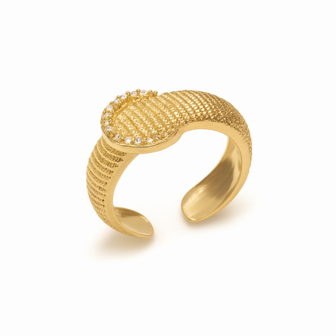 AX-00127 ANEL BANHADO A OURO 18K COM DESIGN ROBUSTO E TEXTURIZADO 