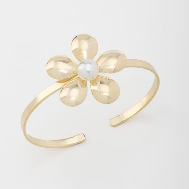 BL-00054 BRACELETE BANHADO A OURO 18K COM DESIGN DE FLOR E DETALHE CENTRAL EM PÉROLA