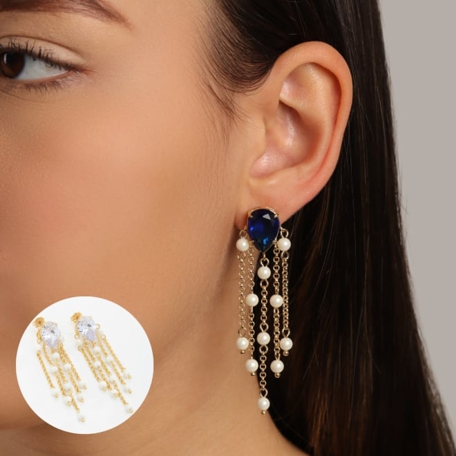 BR-00269 BRINCO COM ZIRCÔNIA GOTA E DETALHES EM PÉROLAS PENDENTES
