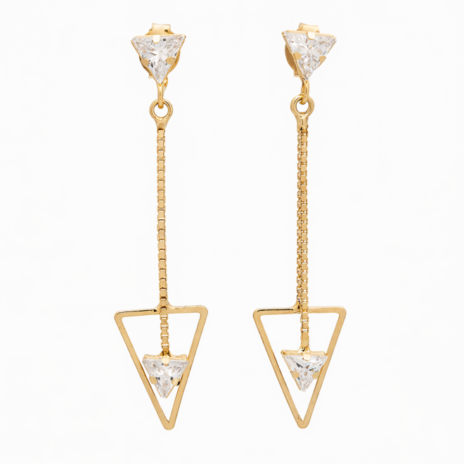 BR-00498 BRINCO BANHADO A OURO 18K COM DESIGN GEOMÉTRICO E ZIRCÔNIAS EM FORMATO TRIANGULAR