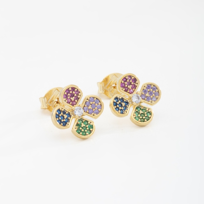 BR-00642 BRINCO DE FLOR COM ZIRCONIAS COLORIDAS