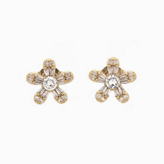 BR-00729 BRINCO FLOR COM MICRO ZIRCÔNIAS E PEDRAS BAGUETE 