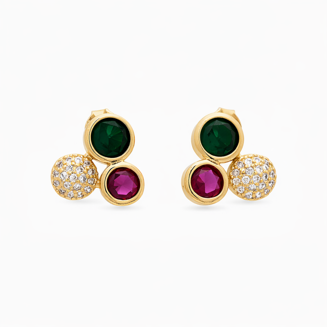 BR-00809 BRINCO BANHADO A OURO 18K COM ZIRCONIAS NAS CORES VERDE E PINK E DETALHE EM ESFERA EM ZIRCÔNIAS