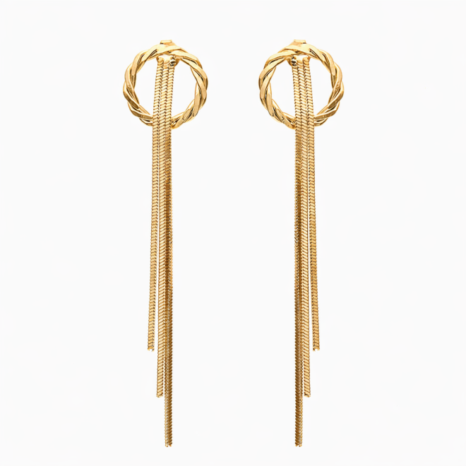BR-00893 BRINCO BANHADO A OURO 18K COM ARGOLA TORCIDA E FRANJAS EM CORRENTES