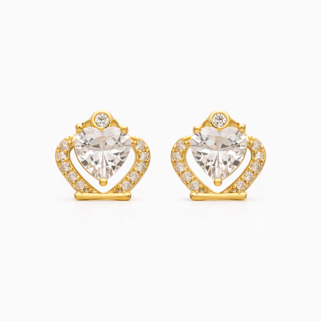 BR-00911 BRINCO BANHADO A OURO 18K MINI COROA COM CORAÇÃO EM ZIRCÔNIA CRISTAL