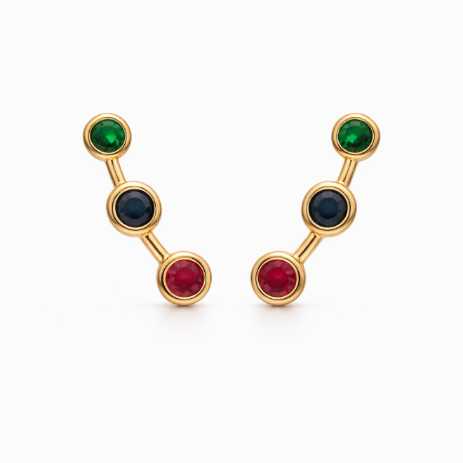 BR-00993 BRINCO BANHADO A OURO 18K MODELO EAR CUFF COM TR&Ecirc;S ZIRC&Ocirc;NIAS REDONDAS