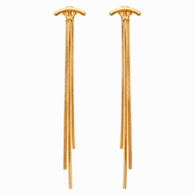 BR-01013 BRINCO BANHADO A OURO 18K COM DESIGN ALONGADO E FRANJAS EM CORRENTES