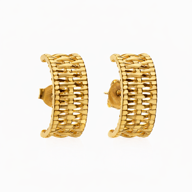 BR-01118 BRINCO BANHADO A OURO 18K EM FORMATO DE ARGOLA COM DESIGN TRAMADO
