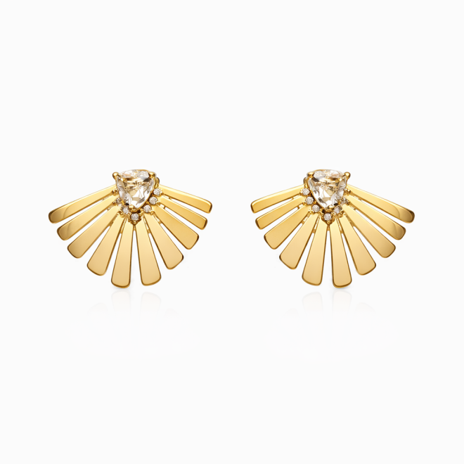 BR-01144 BRINCO BANHADO A OURO 18K COM PEDRA CENTRAL EM FORMATO TRIANGULAR E DESIGN EM LEQUE