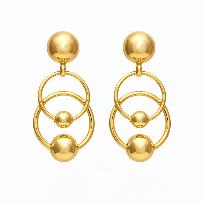 BR-01188 BRINCO BANHADO A OURO 18K COM DESIGN GEOMÉTRICO EM ARGOLAS E ESFERAS POLIDAS