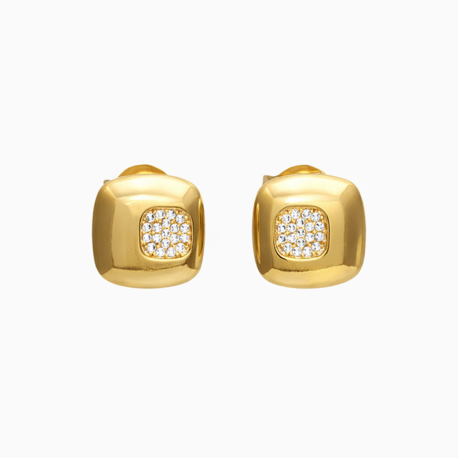 BR-01216 BRINCO BANHADO A OURO 18K COM DESIGN QUADRADO E DETALHE EM ZIRCÔNIAS
