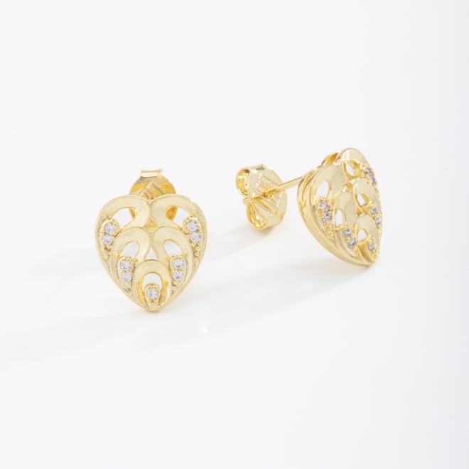 BR-01440 BRINCO BANHADO A OURO 18K EM FORMATO DE CORAÇÃO VAZADO COM DETALHES EM ZIRCÔNIAS