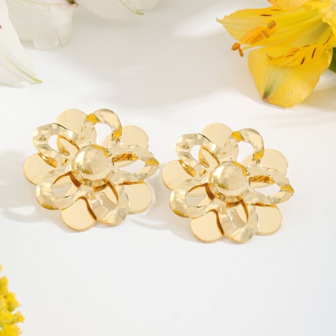 BR-01493 BRINCO BANHADO A OURO 18K COM DESIGN FLORAL EM CAMADAS