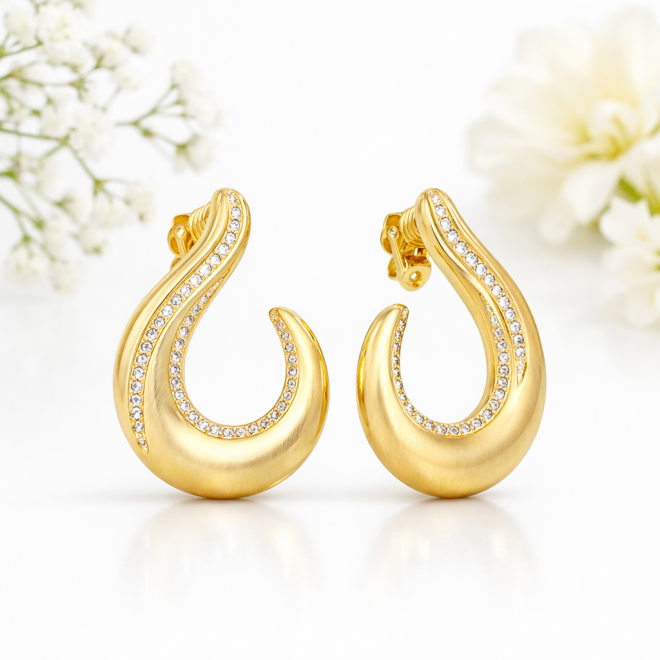 BR-01775 BRINCO BANHADO A OURO 18K COM DESIGN CURVO E DETALHES CRAVEJADOS EM ZIRCÔNIAS
