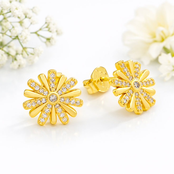 BR-02126 BRINCO BANHADO A OURO 18K EM FORMATO DE FLOR COM PÉTALAS ALTERNADAS EM ZIRCÔNIAS