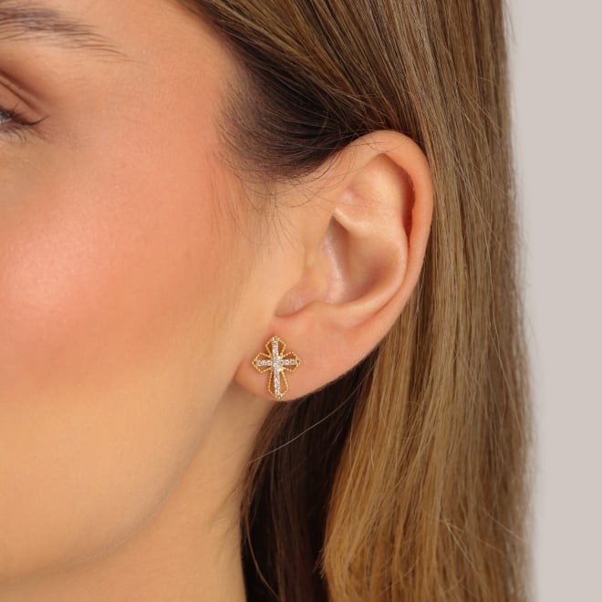 BR-02129 BRINCO BANHADO A OURO 18K DE CRUZ COM DETALHES CRAVEJADOS