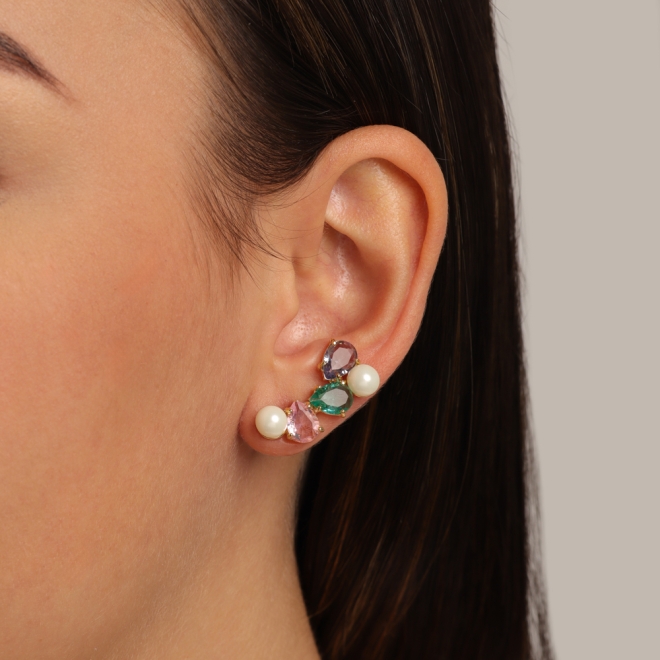 BR-02313-BRINCO EAR CUFF COM PÉROLAS E ZIRCÔNIAS COLORIDAS