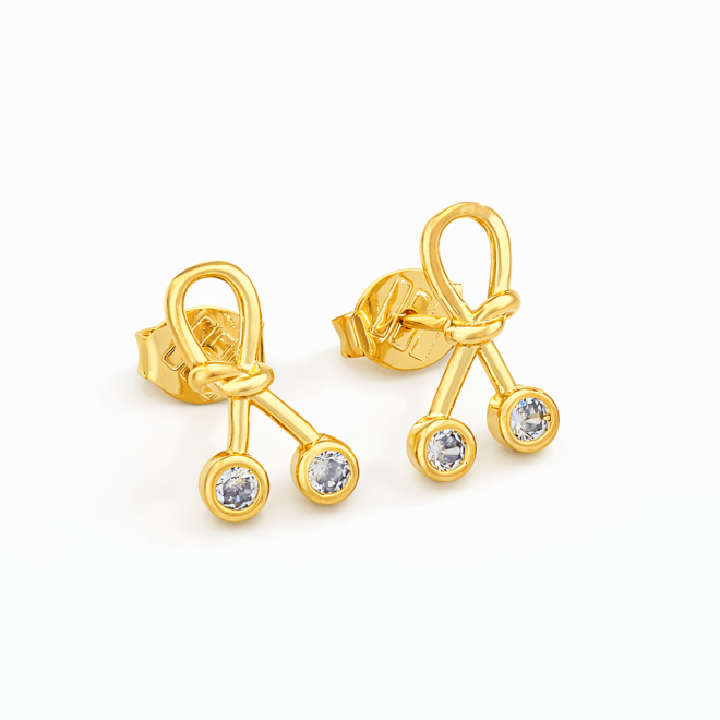 BR-02647 BRINCO BANHADO A OURO 18K EM FORMATO DE LAÇO COM DETALHES EM ZIRCÔNIAS