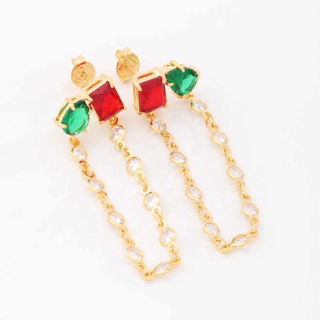 BR-02872 BRINCO BANHADO A OURO 18K COM PEDRAS EM ZIRCÔNIA COLORIDA E CORRENTE EM ZIRCÔNIAS.