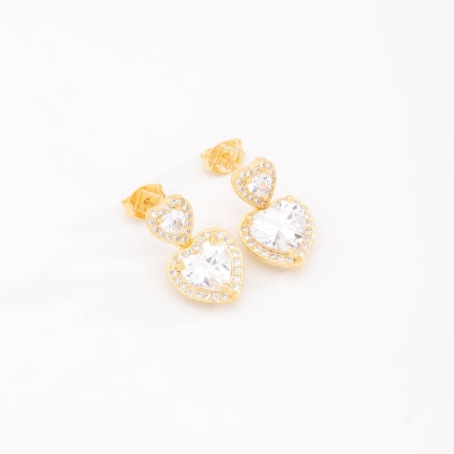 BR-02918 BRINCO BANHADO A OURO 18K COM DUPLOS CORAÇÕES CRAVEJADOS EM ZIRCÔNIAS