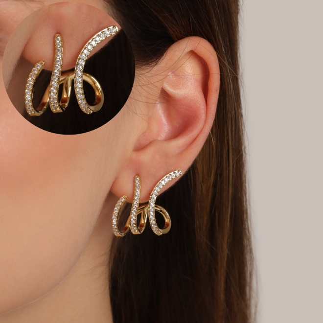 BR-02955 BRINCO EAR HOOK BANHADO A OURO 18K COM DESIGN ALONGADO E DETALHES EM ZIRCÔNIAS
