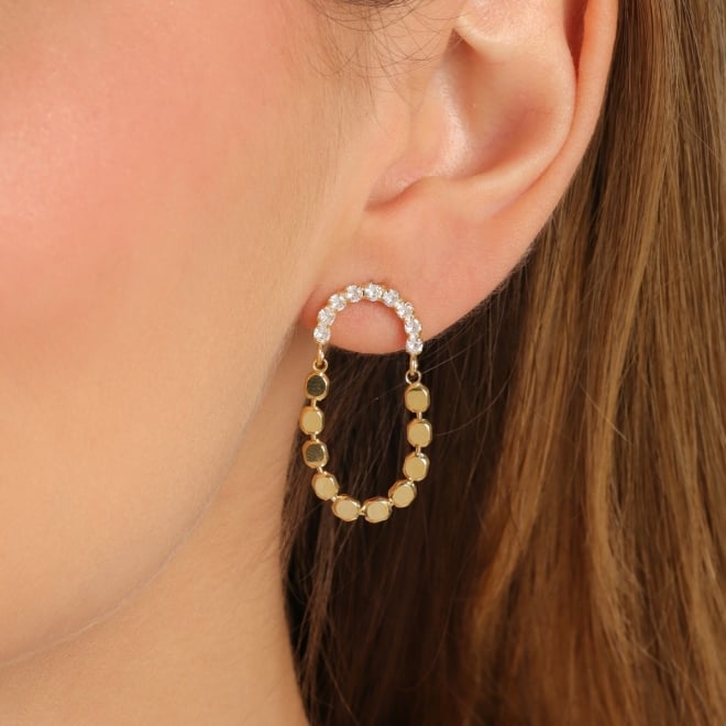 BR-02966 BRINCO BANHADO A OURO 18K COM ARGOLA EM ZIRCÔNIAS E PINGENTE OVAL COM ESFERAS