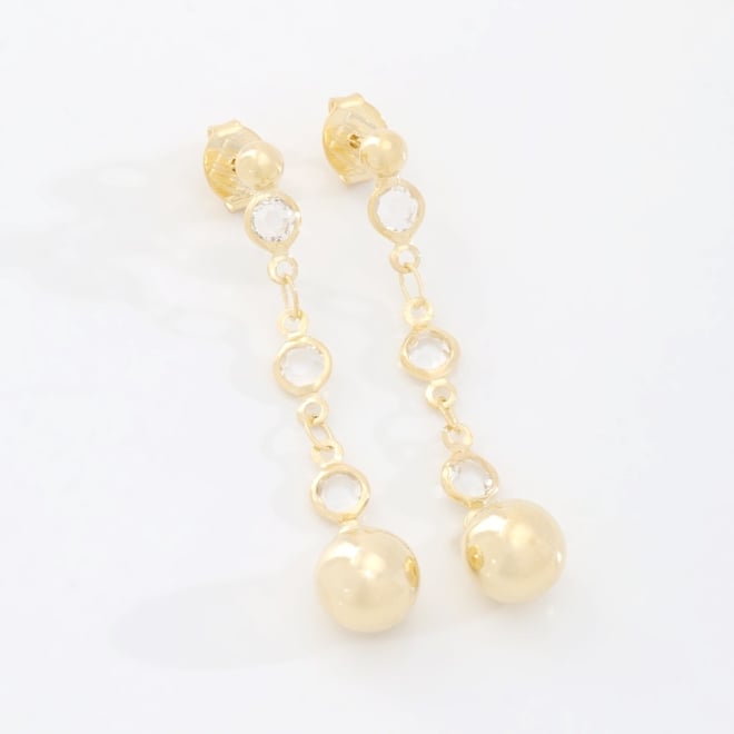 BR-03013 BRINCO BANHADO A OURO 18K COM DETALHES EM CRISTAIS REDONDOS E ESFERA NA PONTA