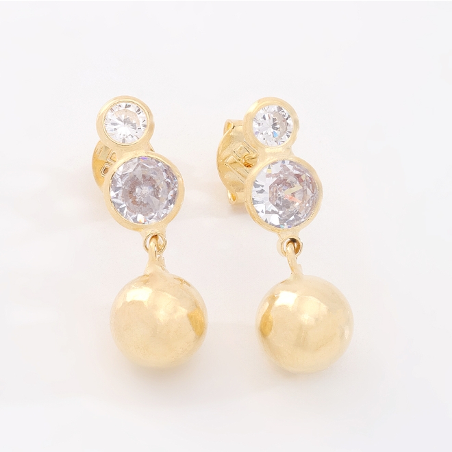 BR-03014 BRINCO BANHADO A OURO 18K COM DUPLO EM ZIRCÔNIAS E DETALHE EM ESFERA,