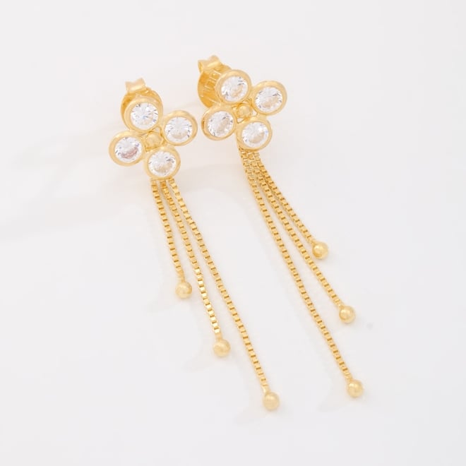 BR-03101 BRINCO BANHADO A OURO 18K COM DESIGN FLORAL EM ZIRCÔNIAS E FRANJAS DELICADAS