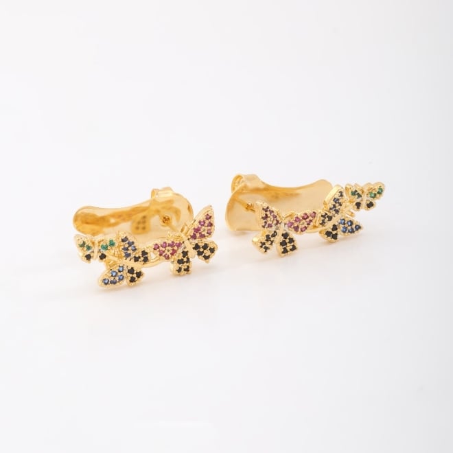 BX-0050 BRINCO BANHADO A OURO 18K DE EAR CUFF COM DESIGN DE BORBOLETAS CRAVEJADAS EM ZIRCÔNIAS