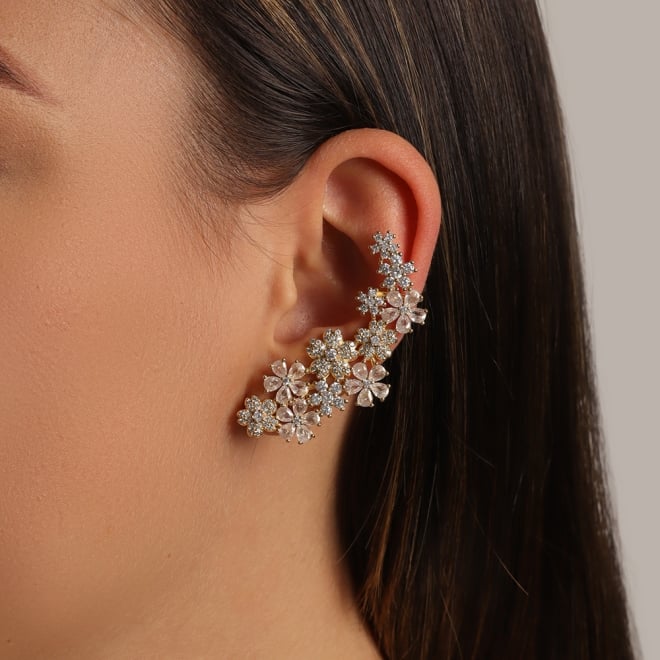 BX-0081 BRINCO BANHADO A OURO 18K DE EAR CUFF COM DESIGN DE FLORES CRAVEJADAS