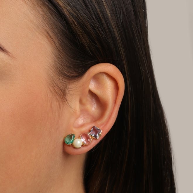 BX-0124 BRINCO BANHADO A OURO 18K MODELO EAR CUFF COM PEDRAS COLORIDAS E DETALHE EM PÉROLA