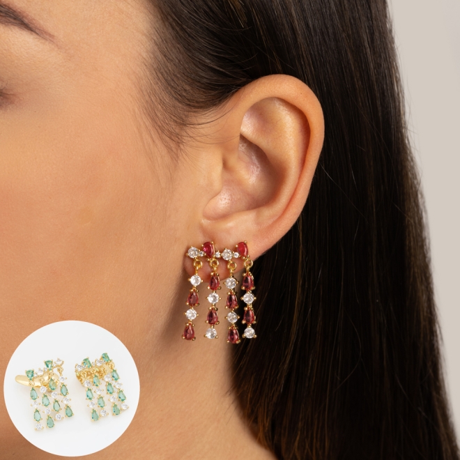 BX-0139 BRINCO BANHADO A OURO 18K DE EAR CUFF COM DETALHES PENDURADOS EM ZIRCÔNIAS E GOTAS