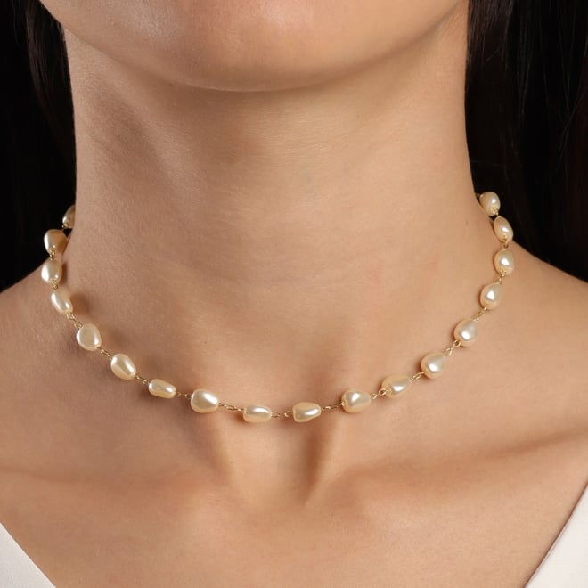 CH-0227 CHOKER BANHADA A OURO 18K COM P&Eacute;ROLAS DISTRIBU&Iacute;DAS AO LONGO DA CORRENTE