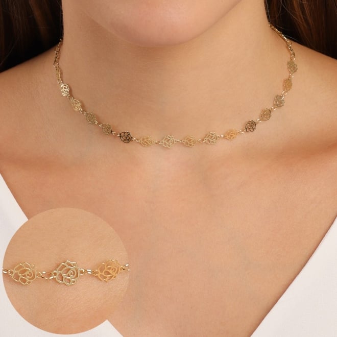 CH-0353 COLAR CHOKER BANHADO A OURO 18K COM DETALHES EM MINI FLORES VAZADAS