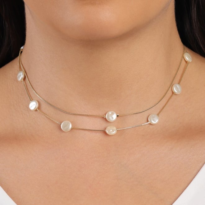 CH-0384 CHOKER BANHADA A OURO 18K COM CORRENTE DUPLA VENEZIANA E DETALHES EM PÉROLAS