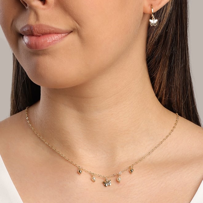 CI-00067 CONJUNTO BANHADO A OURO 18K DE BORBOLETA COM DETALHES EM PÉROLAS