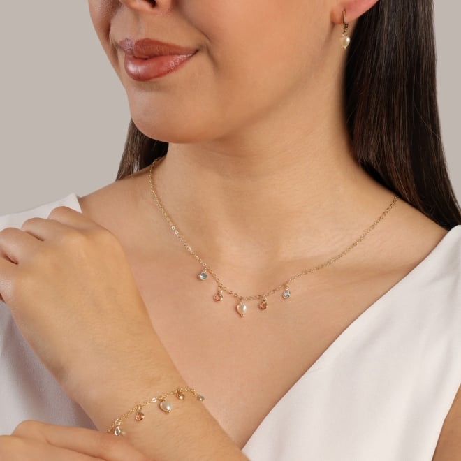 CI-00076 CONJUNTO EM PÉROLA DE CORAÇÃO E ZIRCÔNIAS COLORIDA 