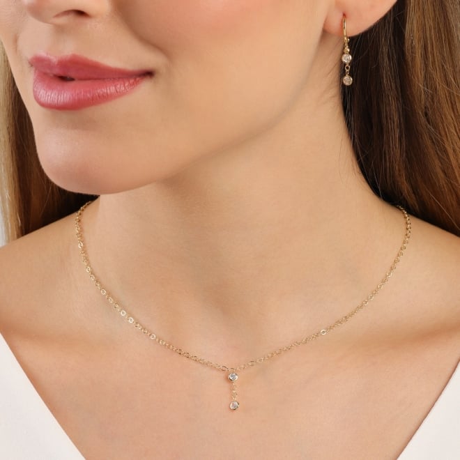 CI-00093 CONJUNTO BANHADO A OURO 18K COM COLAR E BRINCOS DE ARGOLA COM PINGENTES EM ZIRCÔNIA