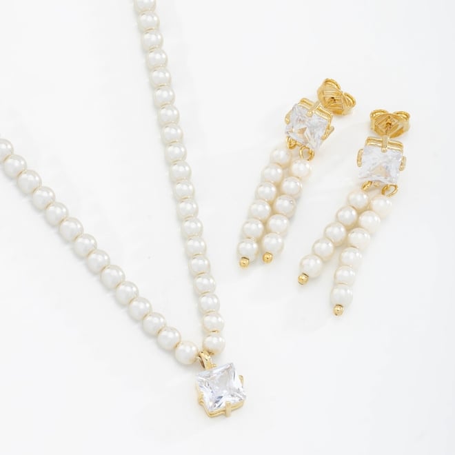 CJ-00016 CONJUNTO COM PÉROLAS E PINGENTE DE ZIRCÔNIA LAPIDADA